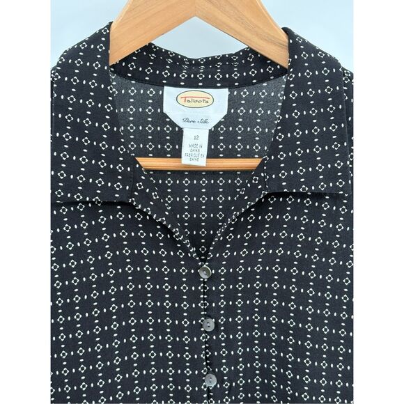 Talbots Silk Top Blouse Women Size 12 Large Black Sheer Geometric Ruffle Collar - Picture 10 of 12